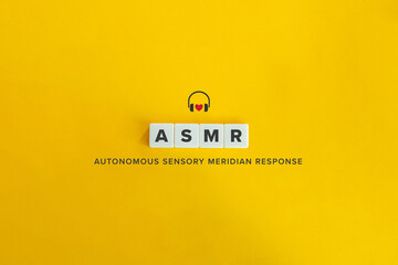 ASMR (Autonomous sensory meridian response) Banner and Icon. Letter Tiles on Yellow Background. Minimal Aesthetics. - obrazy, fototapety, plakaty