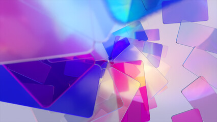 Brightly colored plastic cards fall from above in a spiral path. Smartphone. Blue, purple, pink color. 3d Illustration