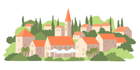 Old town landscape on the hill. Houses with red roofs.  Vector  color isolated illustration.	