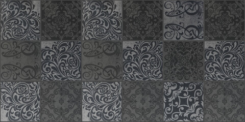 Old gray grey vintage worn geometric shabby mosaic ornate patchwork floral motif porcelain...