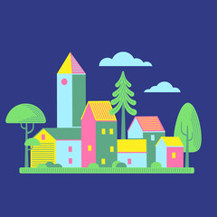 Houses of brignt colors in simple flat geometric style with line texture. Vector isolated illustration on the dark white background