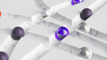 Colored balls roll around the white marble labyrinth. White, blue, black sphere. 3d Illustration 