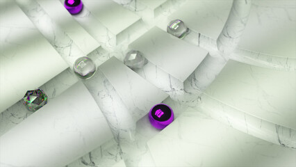 Diamond and metal and glass balls roll through the white marble labyrinth. White purple color. 3d Illustration