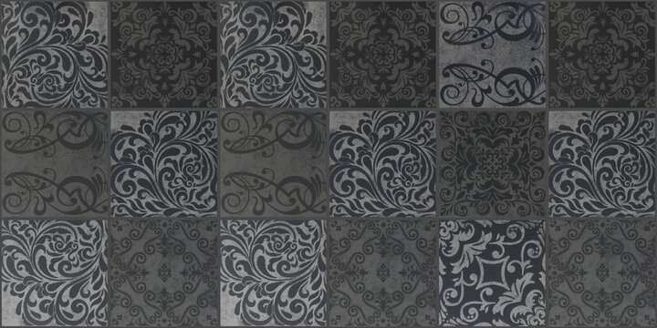 Old gray grey vintage worn geometric shabby mosaic ornate patchwork floral motif porcelain stoneware tiles, square stone concrete cement tile mirror wall texture background