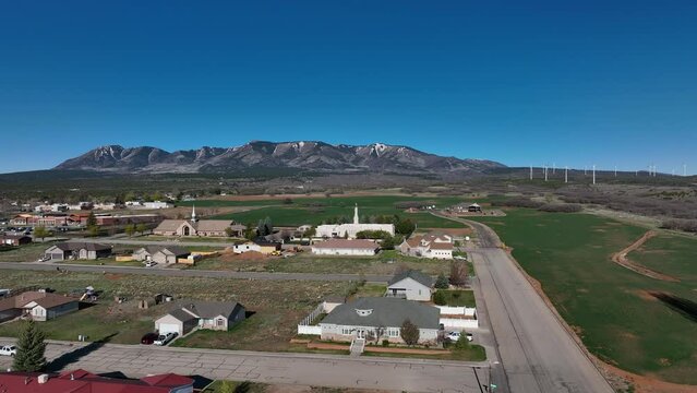 Aerial Monticello Utah LDS Temple mountain Part 1. Settled in July 1887 by pioneers from The Church of Jesus Christ of Latter-day Saints.