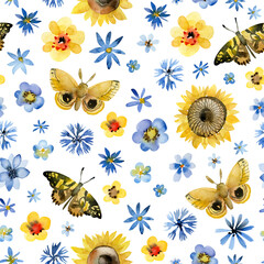 Watercolor seamless pattern with flowers in yellow and blue colors and butterflies. Ukrainian hand painted pattern for design, fabric, wrapping paper or print. Support and peace for Ukraine.