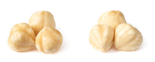 Shelled hazelnuts isolated on white background.