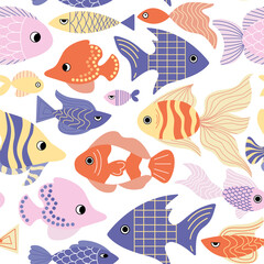 Cute seamless childish pattern with sea animals and fish. Bright background for the design of textiles, notepads, wallpaper, paper