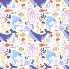 Naklejka na ściany i meble Cute seamless childish pattern with sea animals and fish. Bright background for the design of textiles, notepads, wallpaper, paper
