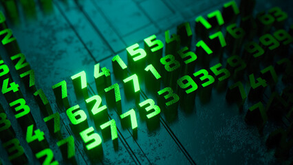 Green numbers on a dark background. Binary code. Close-up. Software. Digital currency. 3d illustration