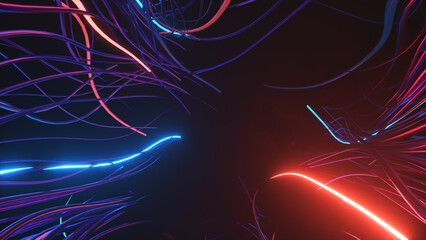 Technology and data transfer concept. Moving neon wires on a black background. Blue red color. 3d illustration