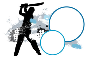 Cricket sport graphic with dynamic background and buttons.