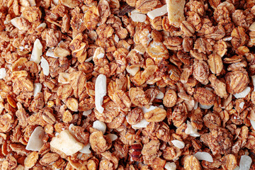 ingredient for breakfast. baked granola. close up