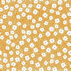 Simple vintage pattern. small white flowers and dots . orange background. fashionable print for textiles, wallpaper and packaging.
