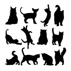 silhouette of cats in different poses in black and white for business, advertising, printing, decoration