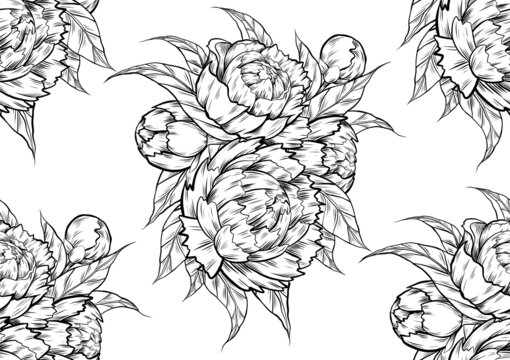 Seamless monochrome pattern with sketch of bunch of peonies on white background. Vector botanical texture with drawing of a bouquet of flowers