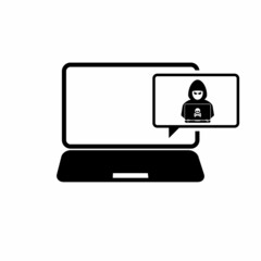 Hacker  icon. Hacker with laptop computer stealing confidential data, personal information and credit card detail. Hacking concept.