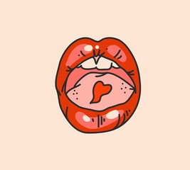 Hand drawn vector abstract stock flat graphic illustration print with retro ,vintage boho modern female mouth red lips with heart on tongue on color background.