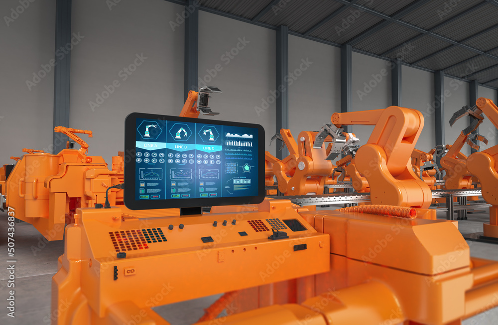 Aufkleber automation factory concept with control panel screen with robotic arms