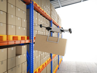 Automation warehouse concept with delivery drone holding cardboard box