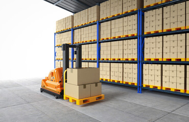 Automation warehouse management with  automatic forklift in stockroom