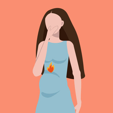 Heartburn during pregnancy, difficulties during pregnancy, a young pregnant woman in a blue dress vector de Stock | Adobe Stock