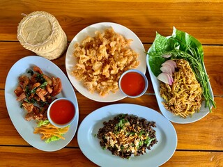 Set Of Northern Thai Food On Wooden Table.