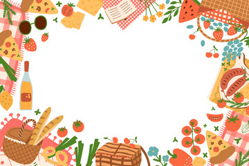 Picnic party banner. Summer picnic party frame with picnic basket, picnic blanket, food, pizza, lemonade, leisure. Outdoor active rest. Summer vector illustration card. Garden party banner.