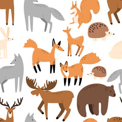 woodland animals seamless pattern, forest digital paper, vector cute nursery background clipart, moose, elk, fox, deer, wolf, hare, rabbit, hedgehog, squirrel, bear