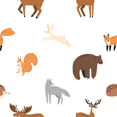 woodland animals seamless pattern, forest digital paper, vector cute nursery background clipart, moose, elk, fox, deer, wolf, hare, rabbit, hedgehog, squirrel, bear