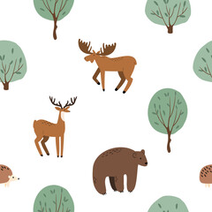 woodland animals seamless pattern, forest digital paper, vector cute nursery background clipart, moose, elk, fox, deer, wolf, hare, rabbit, hedgehog, squirrel, bear