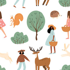 black girl in forest seamless pattern, woodland animals deer, hare, rabbit, hedgehog, squirrel digital paper, vector cute nursery background clipart