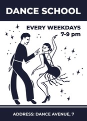 Dance school poster, leaflet template. Hot man and woman dancing the latina dance on the stage with a stars around. Salsa, Samba, Cha cha,  Rhumba‎, Jive. Flat hand drawn minimal vector illustration.