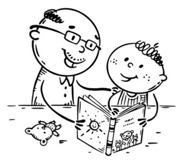 Grandpa reading book to his grandchild, outline vector illustration