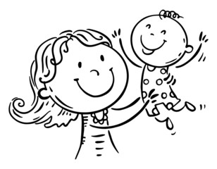 Outline illustration. Mother playing with her child