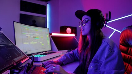 Musician Woman is focused on working in the recording studio with computer and mixer creating music. Music production studio concept