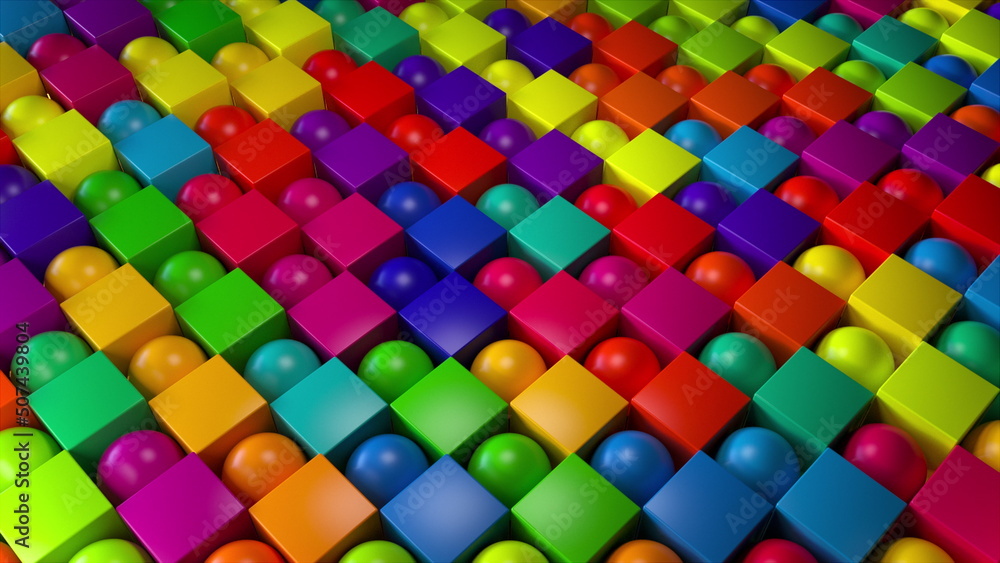 Poster colorful cubes and spheres. computer generated 3d render