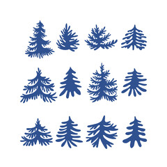 Blue Xmas tree spruce cutout shape Matisse style vector illustration set isolated on white. Winter wonderland pine fir tree print collection for Christmas holiday season decor and card making.