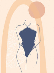 Abstract poster with woman in swimsuit. Female body in lingerie in minimalist boho style.