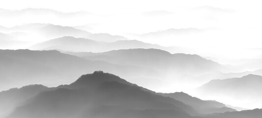 mountains in the fog