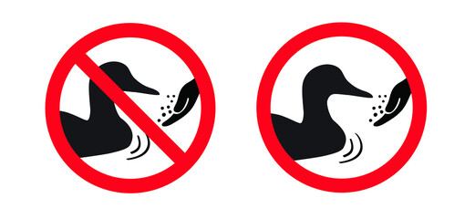 Stop, do not feed duck. No Hand feeds. Animal Forbidden, do not feed the birds on street city. Ducks warning sign. Vector birds icons. Caution signbaord. Forbid Prohibited pictoram. No ban Stop halt.  - obrazy, fototapety, plakaty