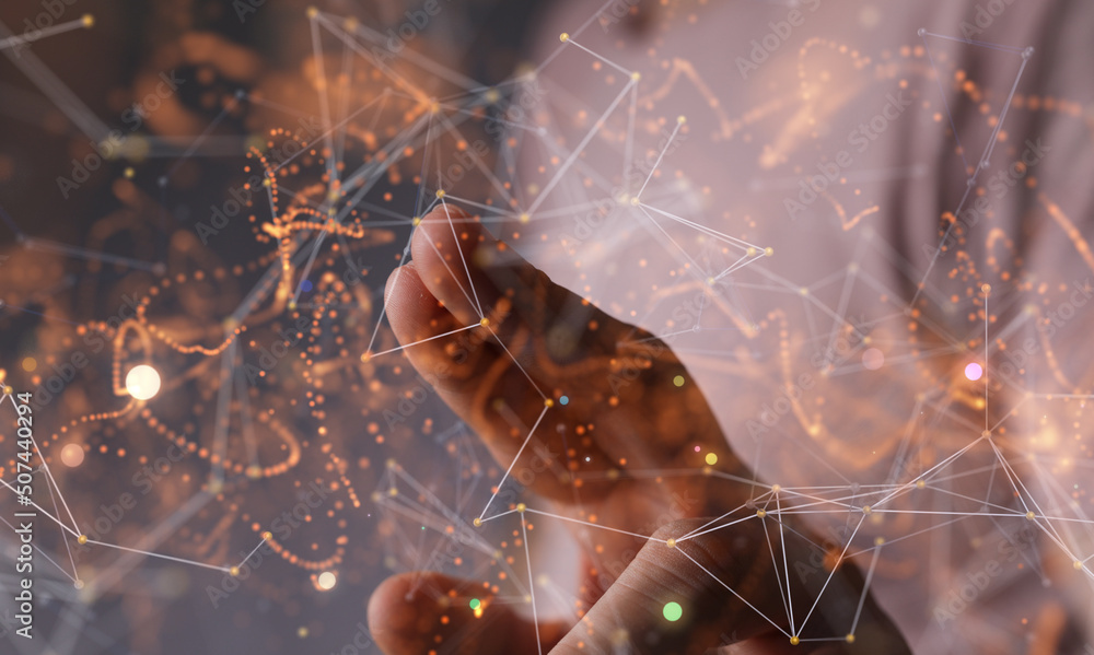 Poster businessman using data network with his fingers