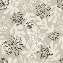 Xmas Snowflakes Winter wonderland linear sketchy drawing vector seamless pattern. Vintage flakes of snow background. Merry Christmas Happy New Year Holiday season print for gift wrapping paper.