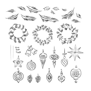 Xmas tree toys ornaments pine wreath spruce paw linear sketchy drawing vector illustration set isolated on white. Vintage Christmas decorations print collection holiday season decor and card making.