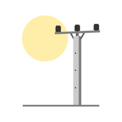 Cement high voltage electric pole power with yellow circle sun on white background flat vector icon design.