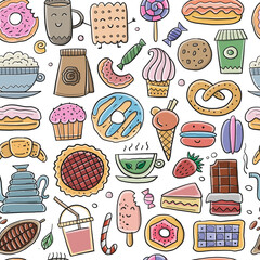 Coffee shop menu elements. Desserts and sweets. Hand drawn sketch. Seamless pattern background for your design