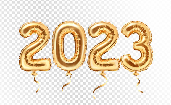 2023 golden decoration holiday on transparent background. Gold foil balloons numeral 2023. Realistic 3d vector illustration