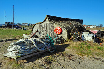 Traditional boat sheds in Lindisfarne in the Farne islands Northumberland 