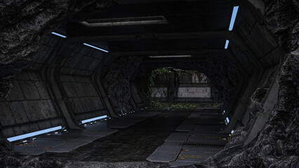 Dark grungy abandoned underpass. Future post apocalypse environment concept 3D illustration. © IG Digital Arts