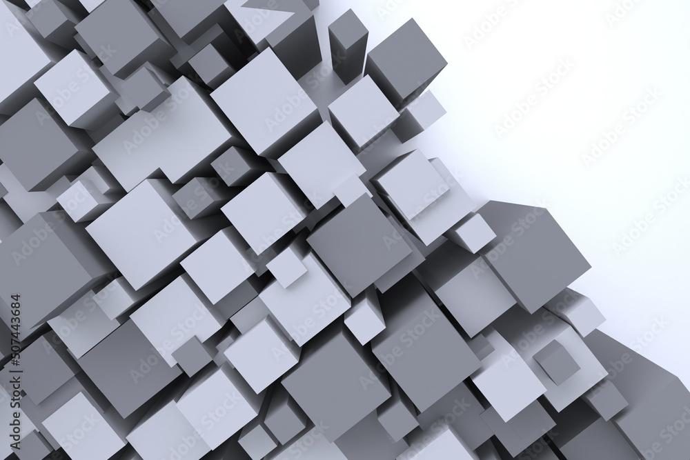 Poster diagonal composition of white cubes of different sizes on a white background